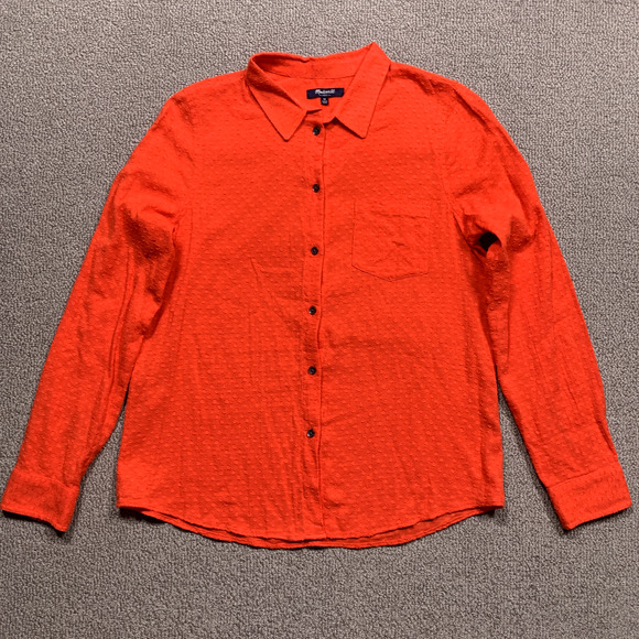 Madewell Top Women Medium Orange Dots Pattern Lightweight Button Shirt Blouse - Picture 1 of 9